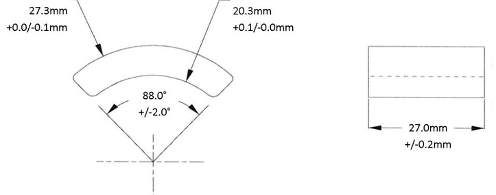 厚度7mm弧形磁钢片 外R27.3mm 内r20.3mm尺寸示意图